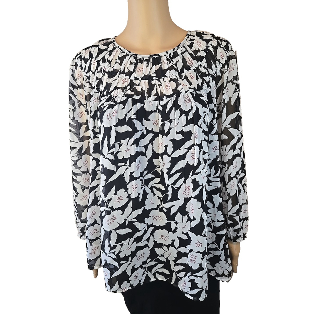 Daniel Rainn Women's White and Black Floral Pleated Yoke Blouse Size Large